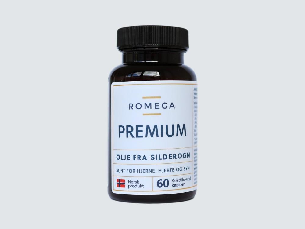 Romega Premium Omega-3 kapsler i boks fra norsk silderogn